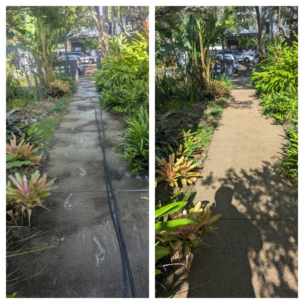 Before and after concrete path pressure cleaning in Albany Creek, North Brisbane.